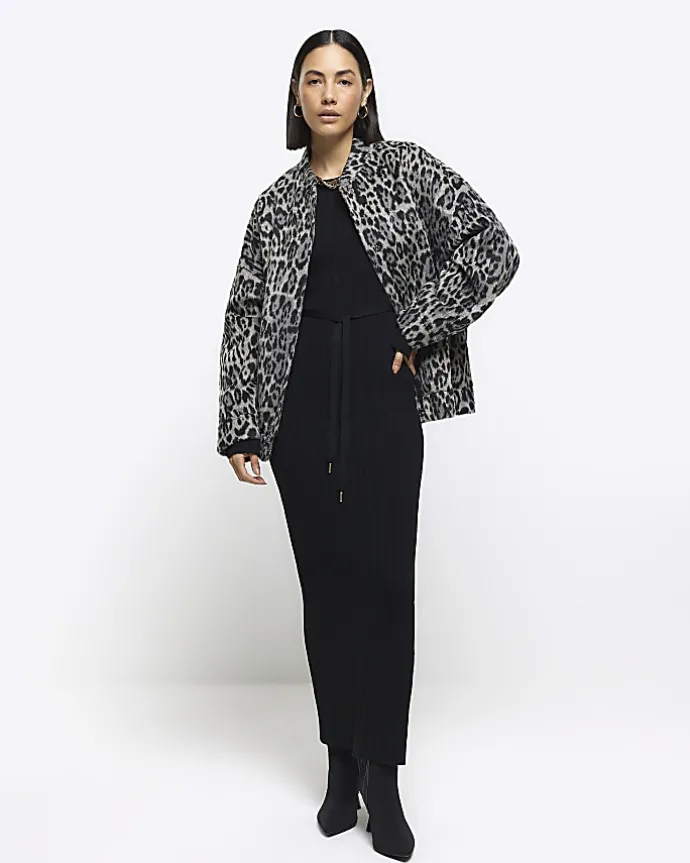 Black rib tie waist jumper maxi dress