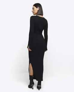 Black rib tie waist jumper maxi dress