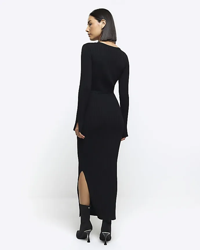 Black rib tie waist jumper maxi dress