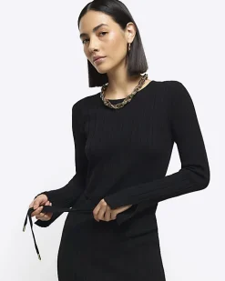 Black rib tie waist jumper maxi dress