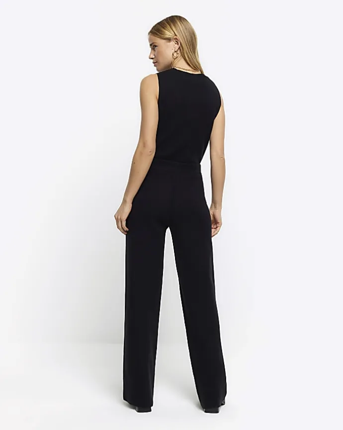 Black rib wide leg trousers
