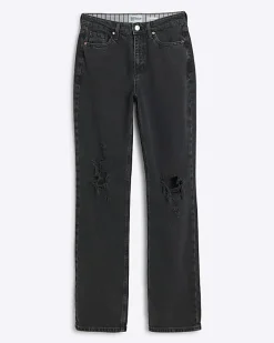 Black ripped high waist stove straight jeans