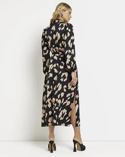 Black satin animal print midi shirt dress