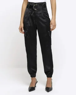 Black Satin Belted Paperbag Trousers
