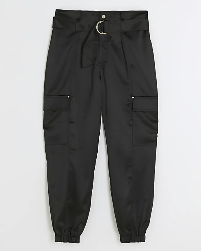 Black Satin Belted Paperbag Trousers