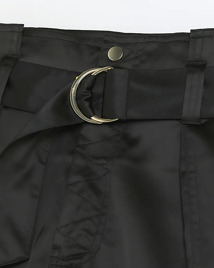 Black Satin Belted Paperbag Trousers