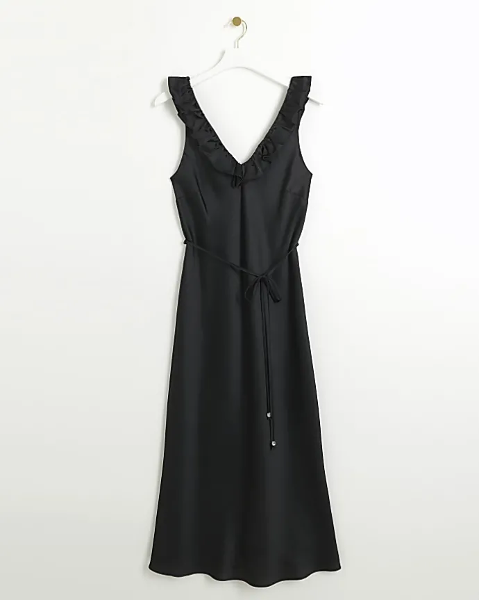 Black satin frill trim slip midi dress
