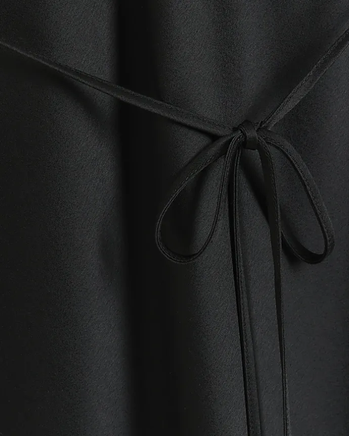 Black satin frill trim slip midi dress
