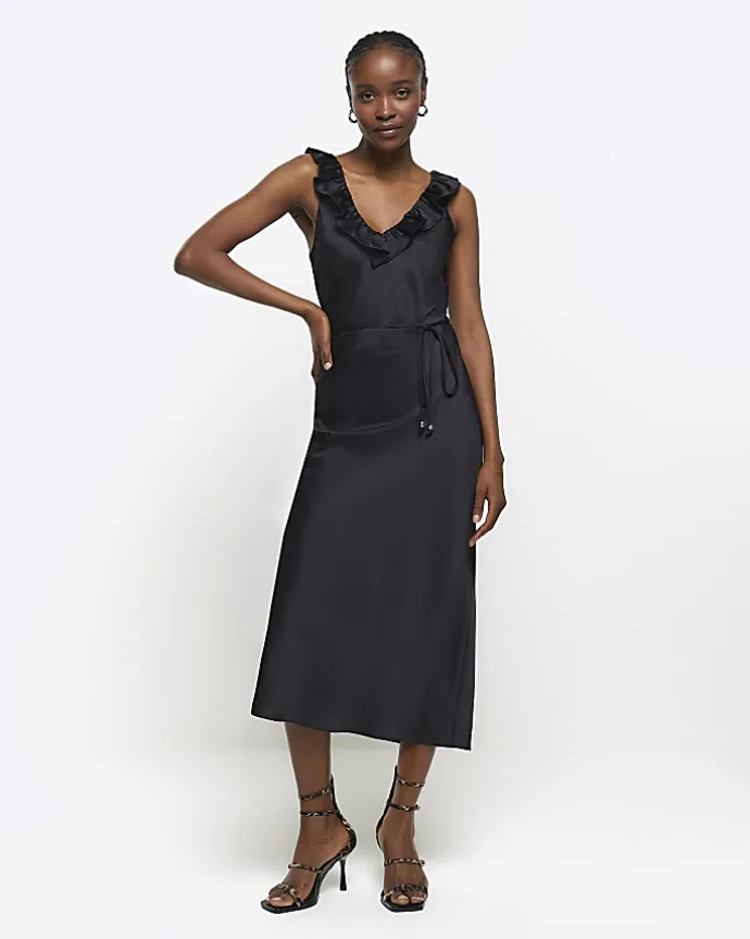 Black satin frill trim slip midi dress
