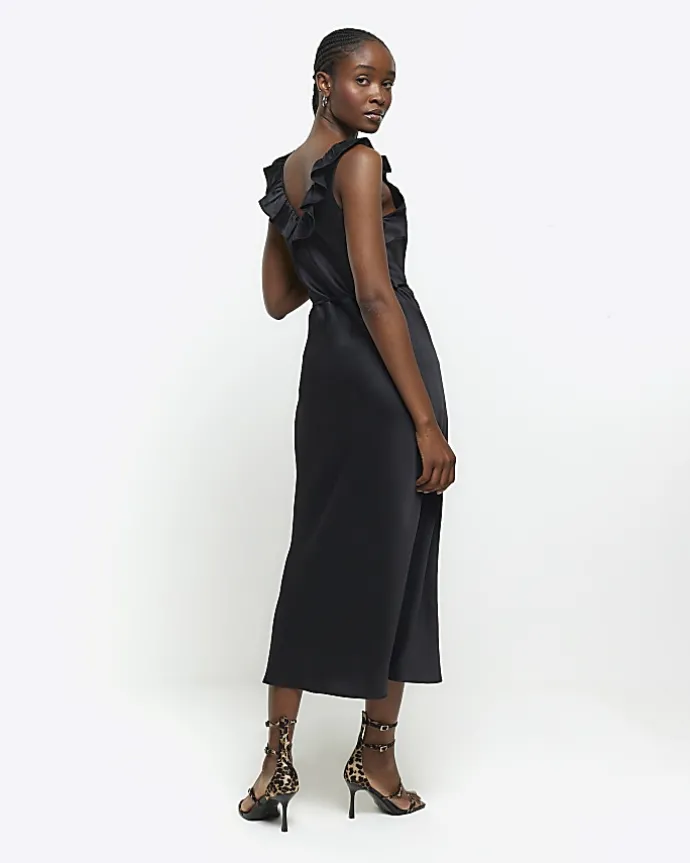 Black satin frill trim slip midi dress