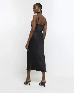 Black satin strap slip midi dress