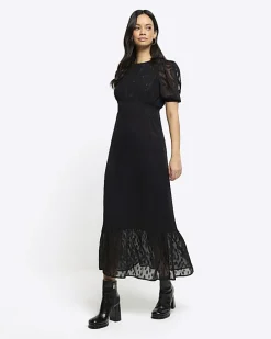 Black satin textured skater midi dress