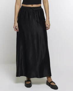 Black satin tie waist maxi skirt