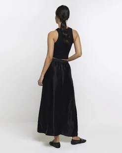 Black satin tie waist maxi skirt