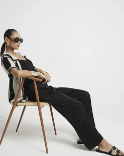 Black satin wide leg trousers
