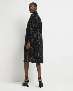 Black sequin long sleeve midi shirt dress