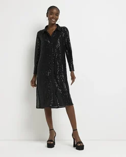Black sequin long sleeve midi shirt dress