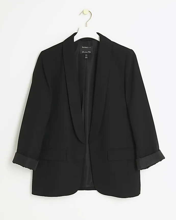 Black shawl collar roll sleeve blazer