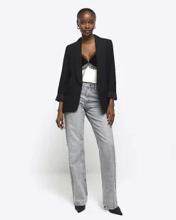 Black shawl collar roll sleeve blazer