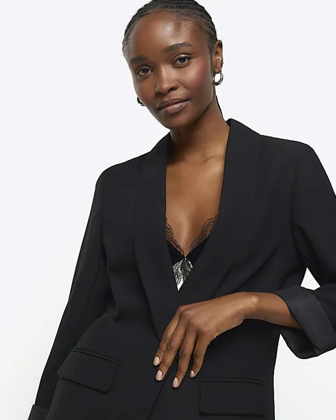 Black shawl collar roll sleeve blazer