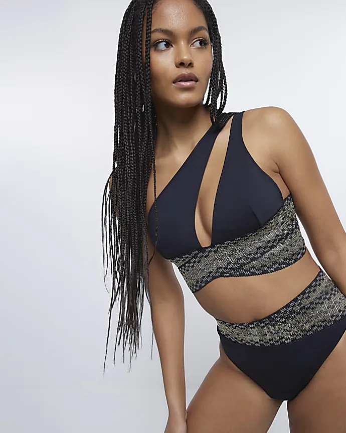 Black shirred asymmetric bikini top
