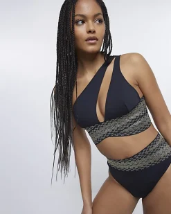 Black shirred asymmetric bikini top