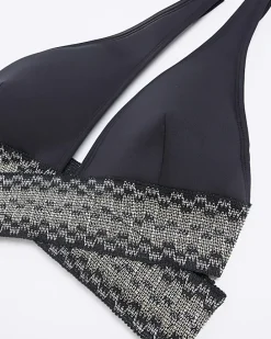 Black shirred asymmetric bikini top