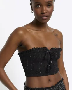 Black shirred glitter bandeau top