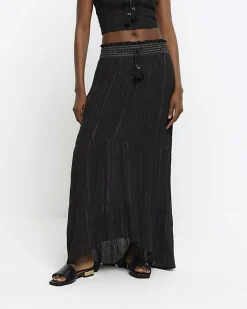 Black shirred glitter maxi skirt