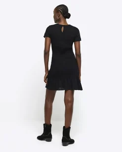 Black shirred peplum t-shirt mini dress