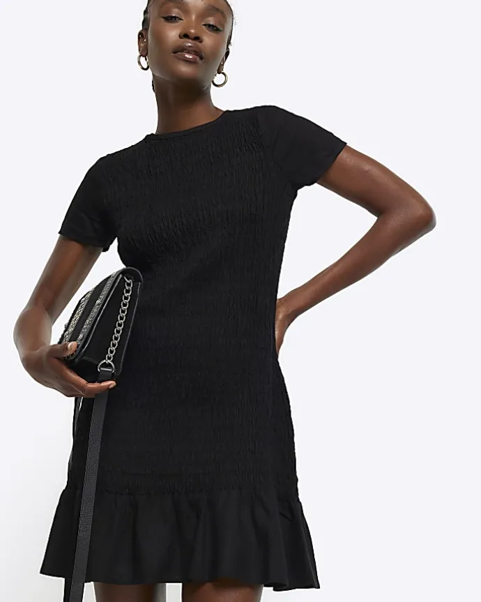 Black shirred peplum t-shirt mini dress