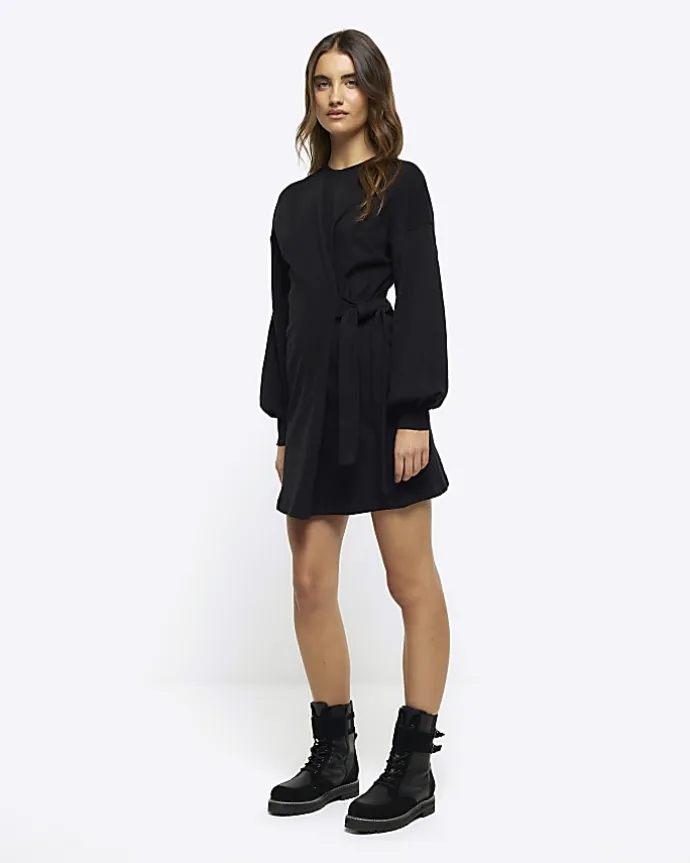 Black Side Tie Sweat Mini Dress