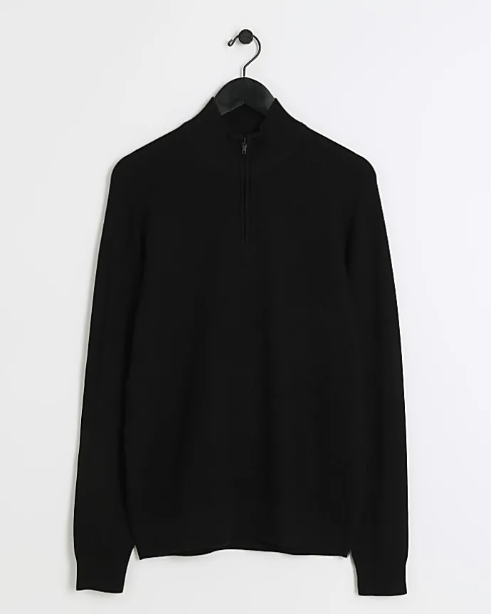 Black slim fit diagonal half zip jumper