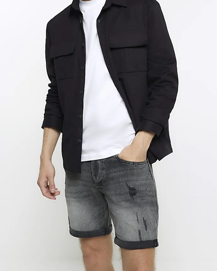 Black slim fit ripped denim shorts