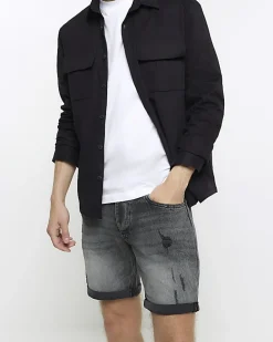 Black slim fit ripped denim shorts