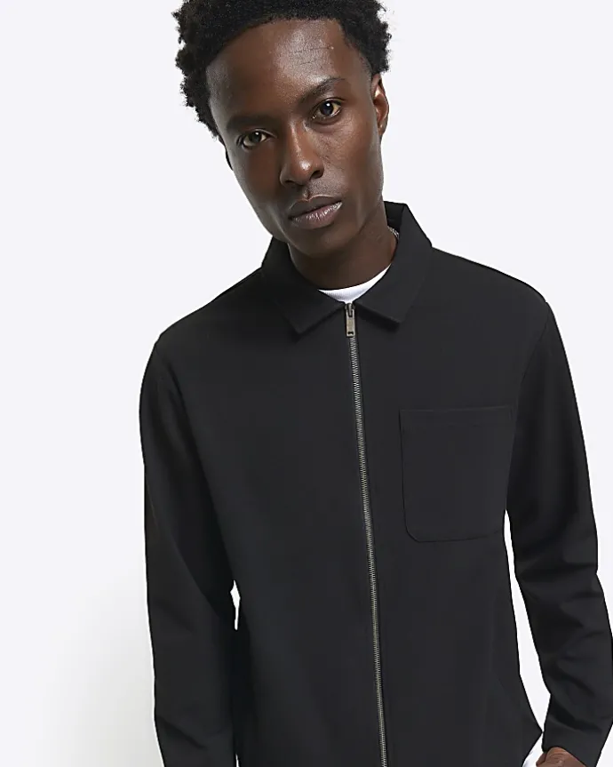 Black slim fit textured zip up sweatshirt