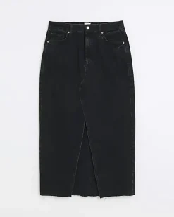 Black split front denim midi skirt