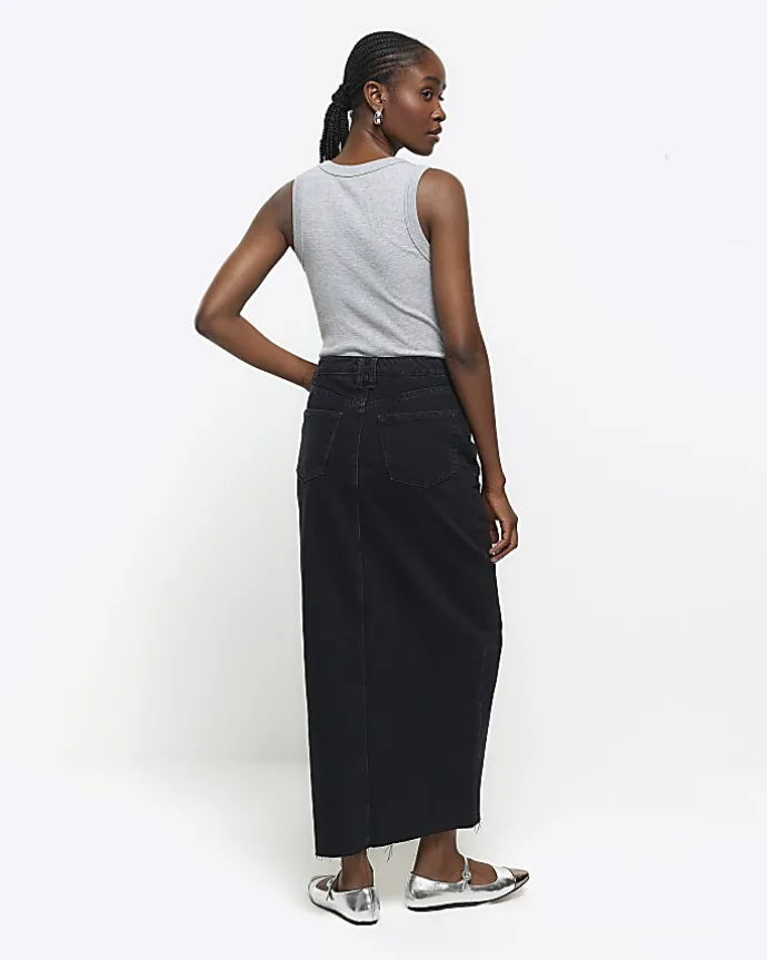 Black split hem denim maxi skirt