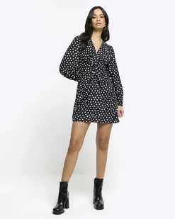 Black spot knot detail swing mini dress