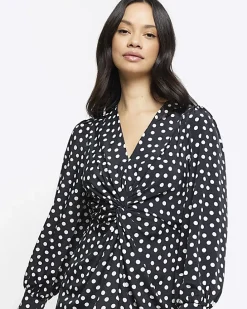 Black spot knot detail swing mini dress