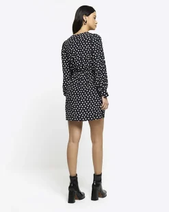 Black spot knot detail swing mini dress