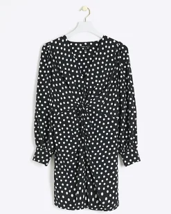 Black spot knot detail swing mini dress