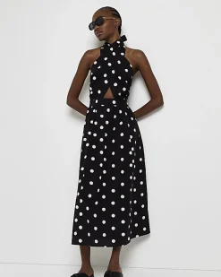 Black spot linen halter neck midi dress