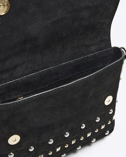 Black suede studded satchel bag