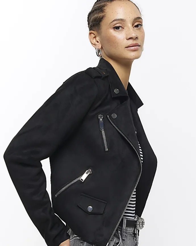 Black suedette crop biker jacket