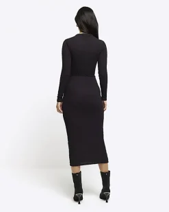 Black textured belted bodycon midi dress