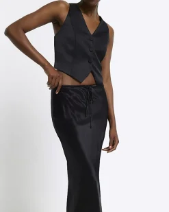 Black tie waist midi skirt