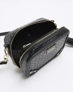 Black weave oval cross body bag