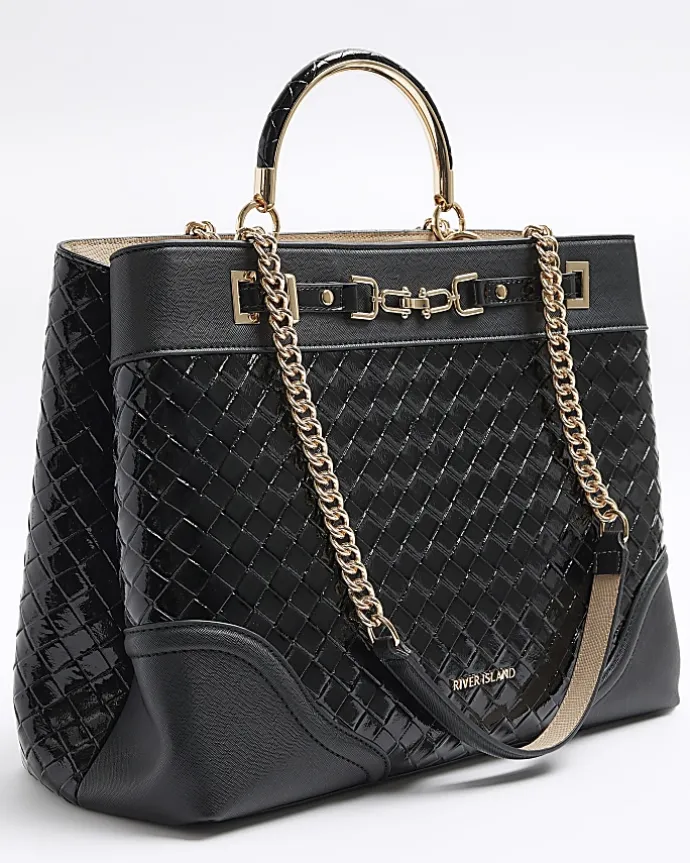 Black woven chain tote bag