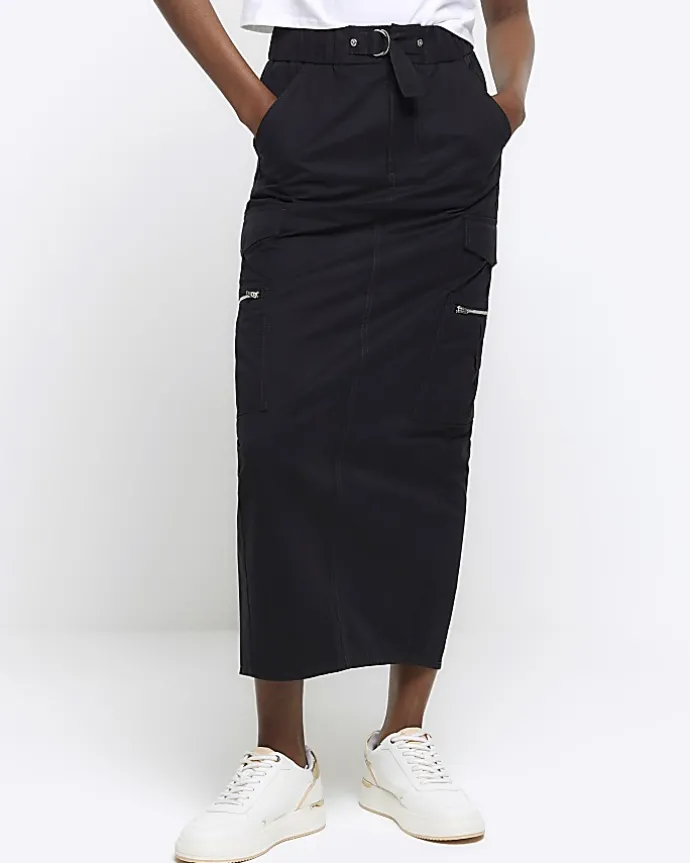 Black zip pencil midi skirt
